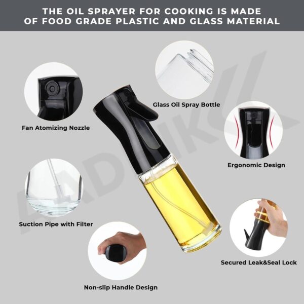 AADHIK Glass Oil Spray Dispenser Cooking 200ml Olive Oil Spray Bottle Refillable Food Grade Oil Vinegar Spritzer Sprinkler Mister Used for Air Fryer, Salad Making, Frying, BBQ...