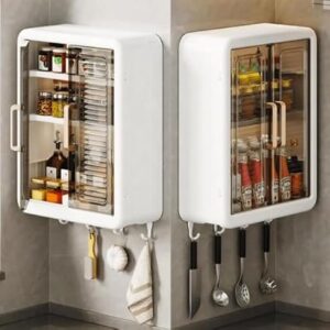 ALLWIN HOUSEWARE W Abs Self-Adhesive No-Drill Bathroom Shelf & Storage Cabinet - Wall Organiser for Bathroom Essentials, Makeup, Skincare with 2 Doors, 32 x 40.5 x 13cm (White,...