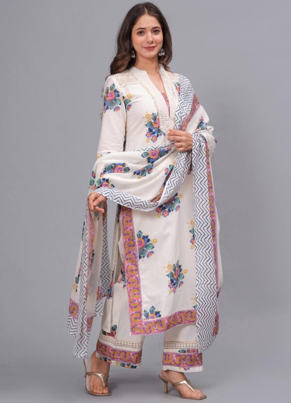 Amayra Women's Pure Cotton Printed Straight Kurta Set with Palazzo Pants & Dupatta- Ethnic Wear, White