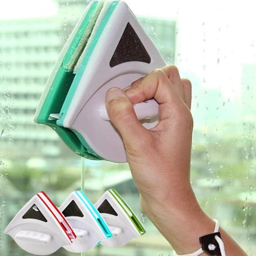 AMENDAS Magnetic Window Cleaner Polish Double-Sided Glazed Glass Cleaner Wiper with 2 Extra Cleaning Cotton Pads | Two-Sided Window Squeegee Washing Tool for Glass Cleaning