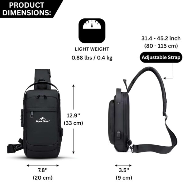 Apex Gear™ Water-Resistant Anti-Theft Crossbody Bag with USB Charging Port, Stylish Sling Bag for Men Chest Shoulder Daypack for Travel & Daily Use – Black