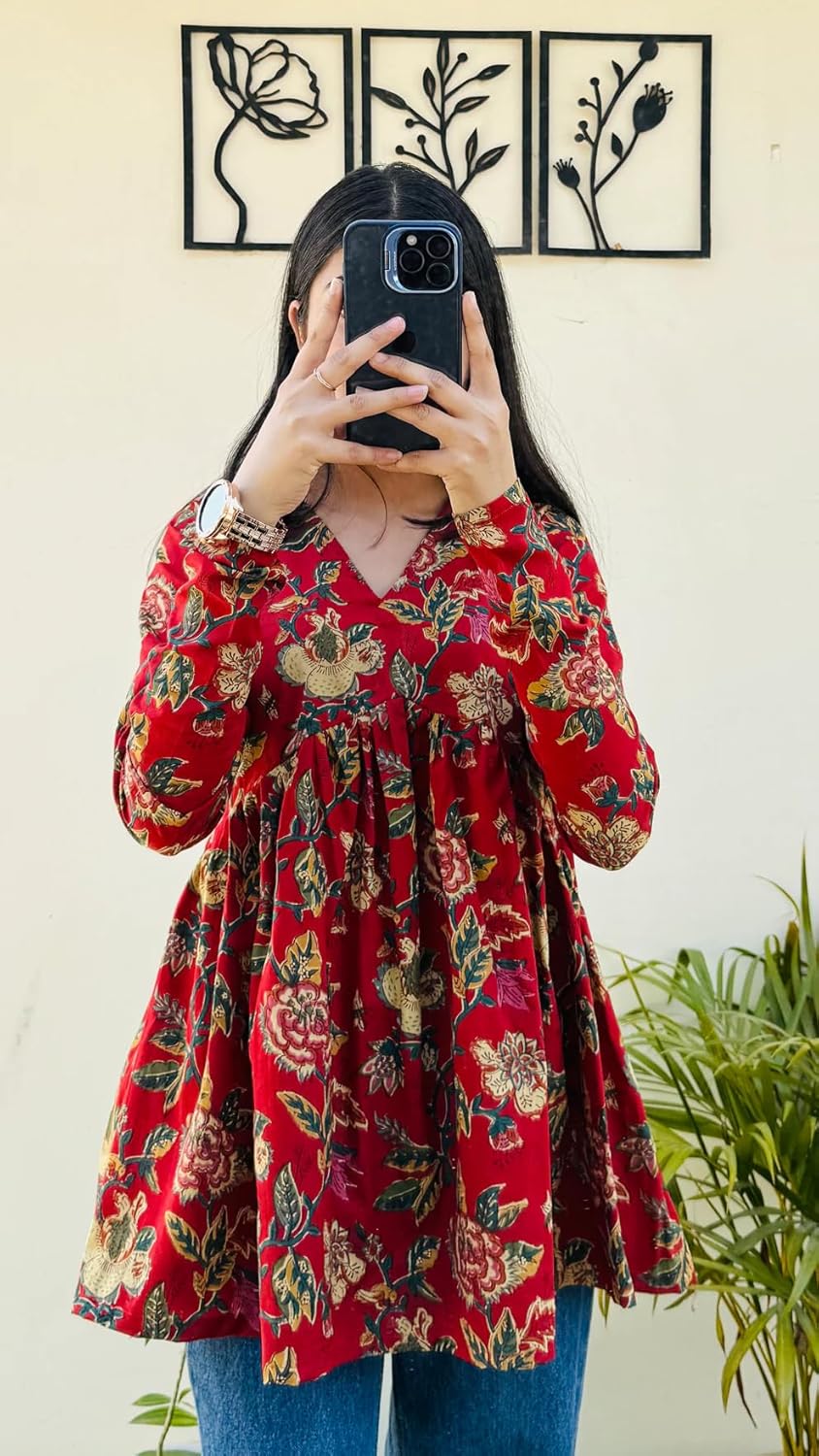 Avayayat Women Rayon Floral Printed Short Kurta | Short Anarkali Kurti for Girls | Women's Casual Sleeveless Printed Top | Tops for Women