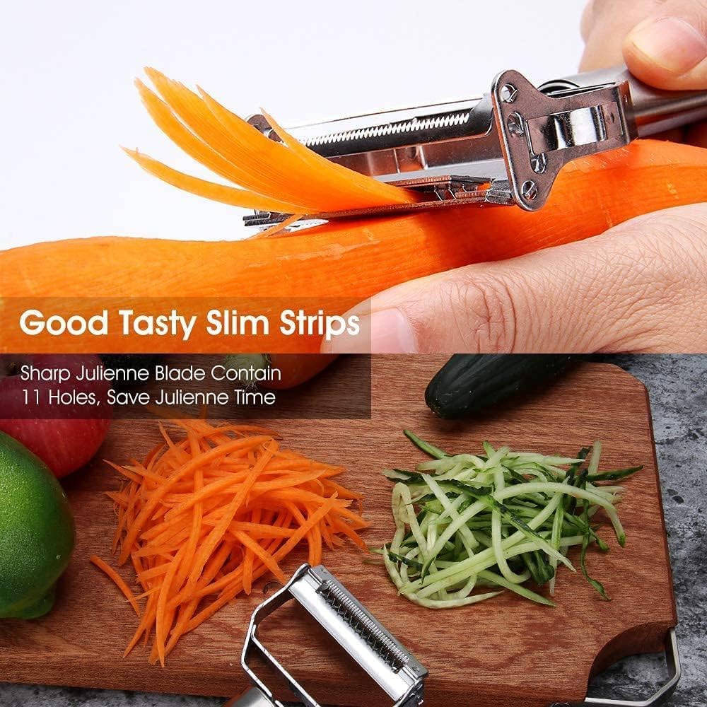 BELOXY Stainless Steel 2 in 1 Julienne Vegetable Peeler Multi-Functional Fruit Vegetable Shredder Slicer Double Planing Cutter Potato Cucumber Carrot Melon Grater (Silver, 18 x...