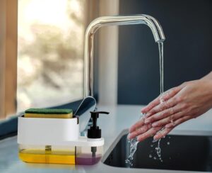 BENAVJI Outdoor Living 3-in-1 Sink Soap Dispenser with Sponge Holder – Dual Liquid Pump for Dishwashing Liquid & Hand Wash, Kitchen Counter Organizer Pack of 1
