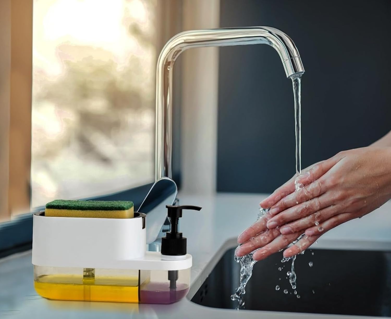BENAVJI Outdoor Living 3-in-1 Sink Soap Dispenser with Sponge Holder – Dual Liquid Pump for Dishwashing Liquid & Hand Wash, Kitchen Counter Organizer Pack of 1