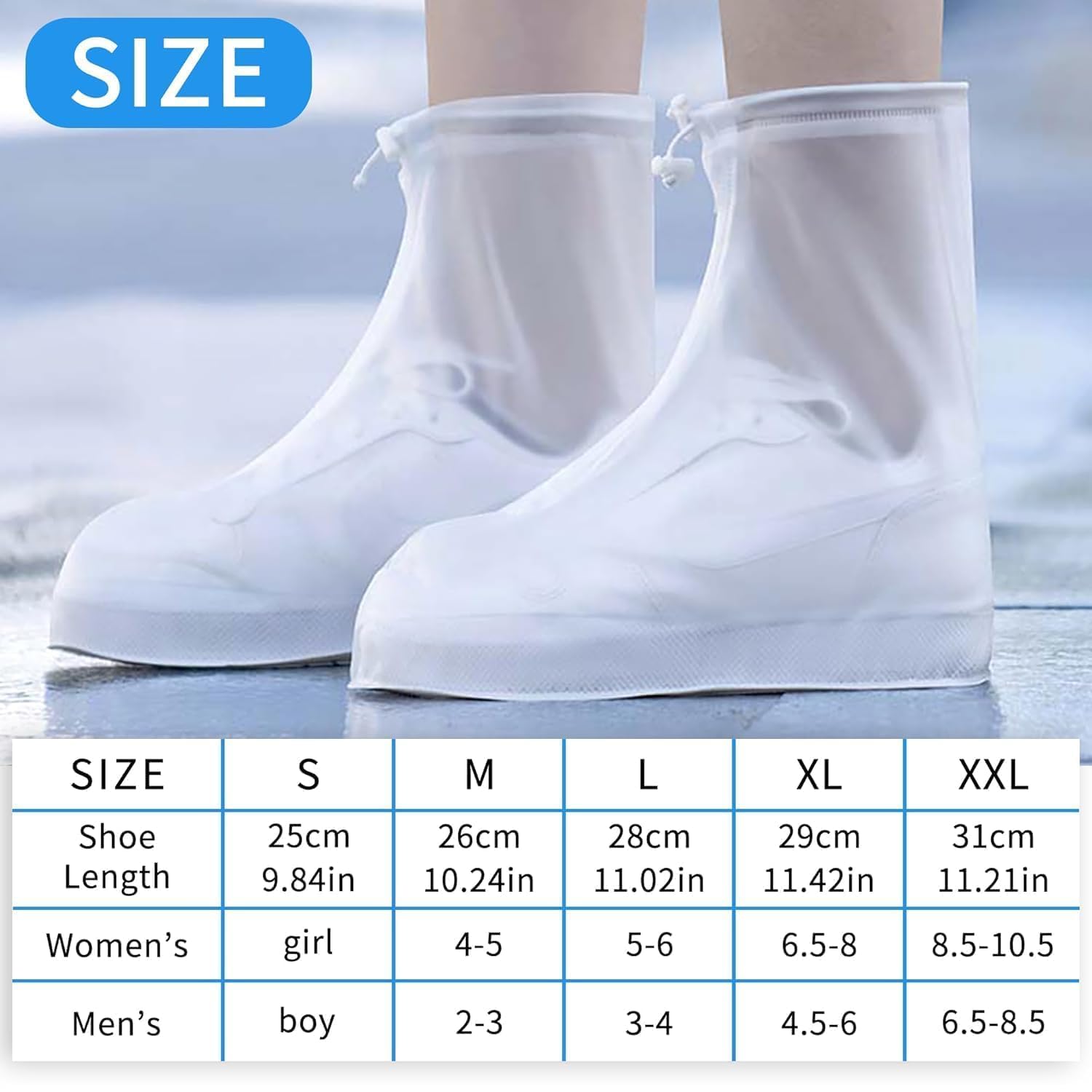Bezzimo Rain Boots Shoe Covers Waterproof for Men Women Shoe Protectors with Zipper Not-Slip Reusable Overshoes Galoshes for Hiking Climbing Camping Cycling Rainy Day (White,XXL)
