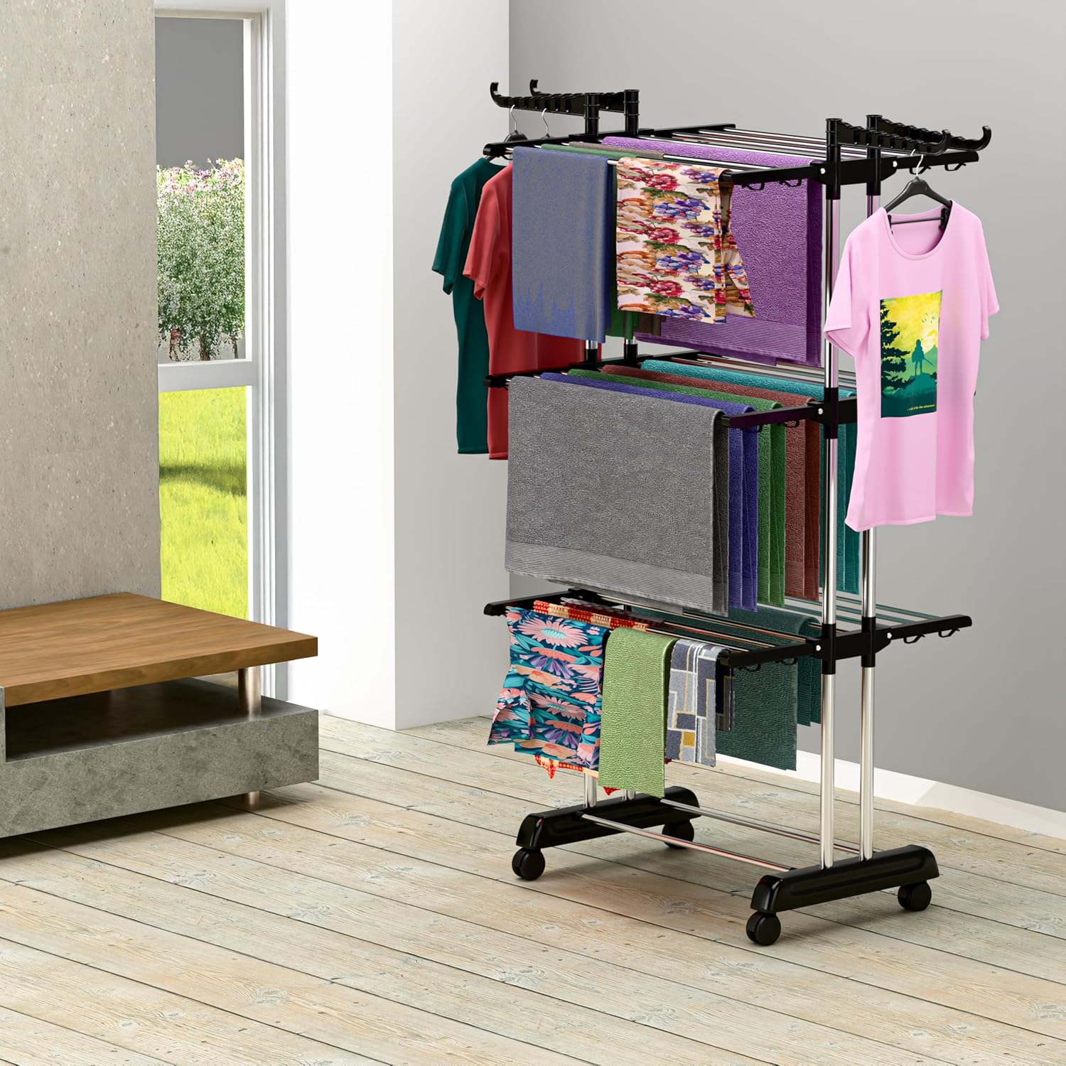 BrandFlex Foldable Cloth Drying Stand Stainless Steel – 3 Tier Heavy-Duty Clothes Dryer for Balcony, Indoor & Outdoor Use | with Wheels & Hanger Slots | Rust-Proof Laundry Rack...