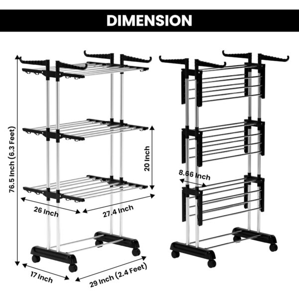BrandFlex Foldable Cloth Drying Stand Stainless Steel – 3 Tier Heavy-Duty Clothes Dryer for Balcony, Indoor & Outdoor Use | with Wheels & Hanger Slots | Rust-Proof Laundry Rack...