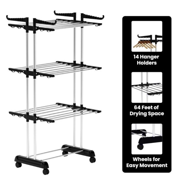 BrandFlex Foldable Cloth Drying Stand Stainless Steel – 3 Tier Heavy-Duty Clothes Dryer for Balcony, Indoor & Outdoor Use | with Wheels & Hanger Slots | Rust-Proof Laundry Rack...