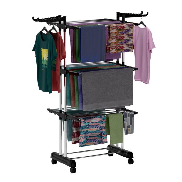 BrandFlex Foldable Cloth Drying Stand Stainless Steel – 3 Tier Heavy-Duty Clothes Dryer for Balcony, Indoor & Outdoor Use | with Wheels & Hanger Slots | Rust-Proof Laundry Rack...