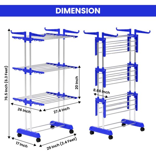 BrandFlex Foldable Cloth Drying Stand Stainless Steel – 3 Tier Heavy-Duty Clothes Dryer for Balcony, Indoor & Outdoor Use | with Wheels & Hanger Slots | Rust-Proof Laundry Rack...