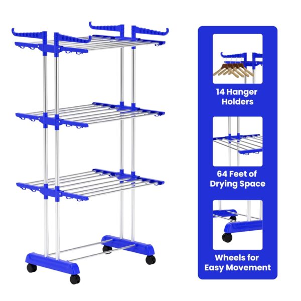 BrandFlex Foldable Cloth Drying Stand Stainless Steel – 3 Tier Heavy-Duty Clothes Dryer for Balcony, Indoor & Outdoor Use | with Wheels & Hanger Slots | Rust-Proof Laundry Rack...