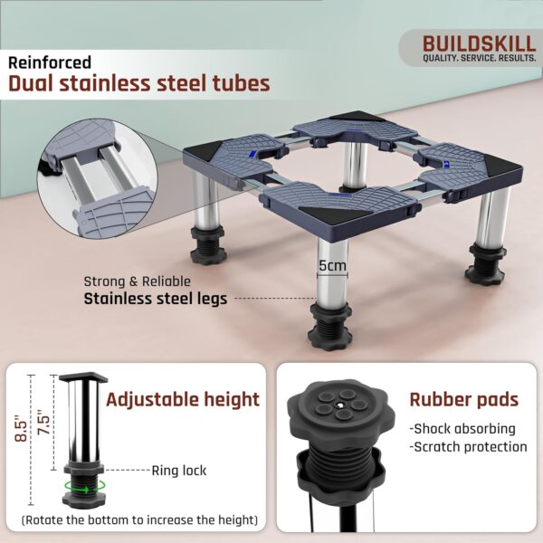 BUILDSKILL 350kg Load Capacity Washing Machine Stand Adjustable | Spirit Level | Anti-Vibration Mats | Dual SS Tubes | Legs with Rubber Pads | Without Wheels Height Stand for...