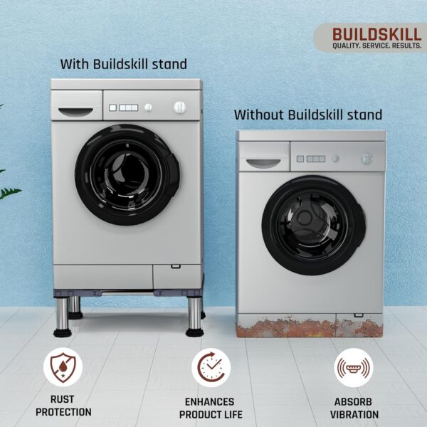 BUILDSKILL 350kg Load Capacity Washing Machine Stand Adjustable | Spirit Level | Anti-Vibration Mats | Dual SS Tubes | Legs with Rubber Pads | Without Wheels Height Stand for...