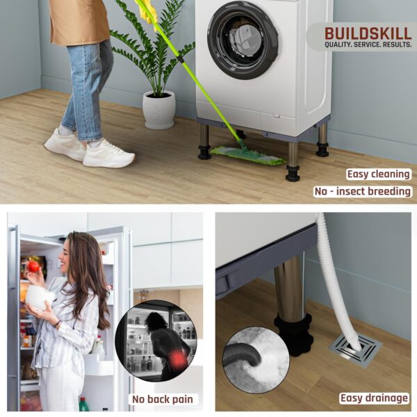 BUILDSKILL 350kg Load Capacity Washing Machine Stand Adjustable | Spirit Level | Anti-Vibration Mats | Dual SS Tubes | Legs with Rubber Pads | Without Wheels Height Stand for...
