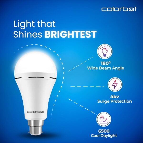 Colorbot 10W Emergency Inverter Rechargeable LED Bulb for Power Cut | 4 Hour Battery Backup | B22D | Cool Day Light (6500K) | Li-ion Battery Inside (Pack of 1)