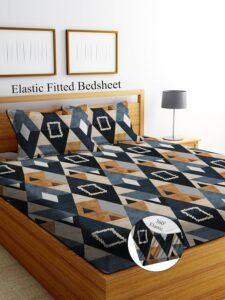 DECORUM Glace Cotton Fitted 1 Bedsheet King Size (72"x78") | All Around Elastic | Cotton Feel | 2 Pillow Covers (17"x27") | Fits Up to 8" Mattress | 200-220 TC | Printed Double...