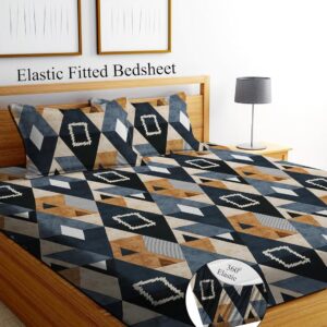 DECORUM Glace Cotton Fitted 1 Bedsheet King Size (72"x78") | All Around Elastic | Cotton Feel | 2 Pillow Covers (17"x27") | Fits Up to 8" Mattress | 200-220 TC | Printed Double...