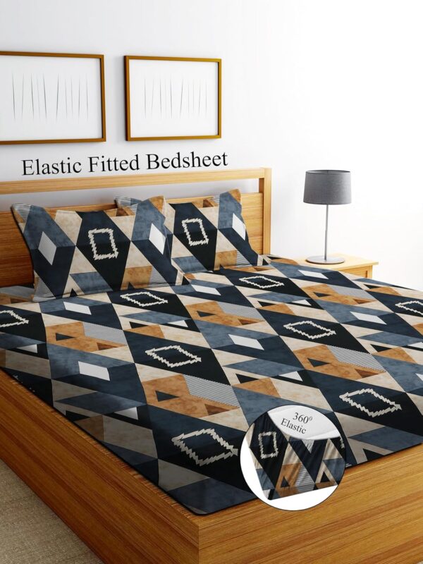 DECORUM Glace Cotton Fitted 1 Bedsheet King Size (72"x78") | All Around Elastic | Cotton Feel | 2 Pillow Covers (17"x27") | Fits Up to 8" Mattress | 200-220 TC | Printed Double...