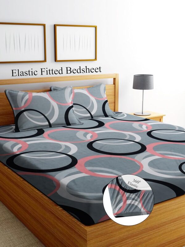 DECORUM Glace Cotton Fitted 1 Bedsheet King Size (72"x78") | All Around Elastic | Cotton Feel | 2 Pillow Covers (17"x27") | Fits Up to 8" Mattress | 200-220 TC | Printed Double...