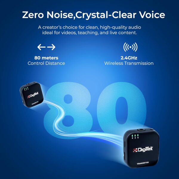 Digitek (DWM 101 Mini Wireless Microphone System, 2.4G Mic for iOS & Android Phones, DSLR, PC,Laptop, 80m Range, TF Card Support, 4-5hr Battery, Real-Time Monitoring, for Vlogs...