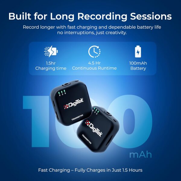 Digitek (DWM 101 Mini Wireless Microphone System, 2.4G Mic for iOS & Android Phones, DSLR, PC,Laptop, 80m Range, TF Card Support, 4-5hr Battery, Real-Time Monitoring, for Vlogs...