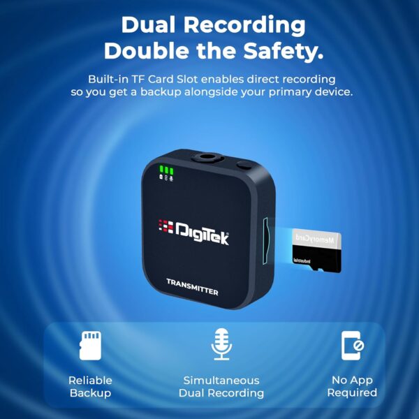 Digitek (DWM 101 Mini Wireless Microphone System, 2.4G Mic for iOS & Android Phones, DSLR, PC,Laptop, 80m Range, TF Card Support, 4-5hr Battery, Real-Time Monitoring, for Vlogs...