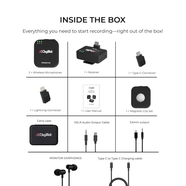 Digitek (DWM 101 Mini Wireless Microphone System, 2.4G Mic for iOS & Android Phones, DSLR, PC,Laptop, 80m Range, TF Card Support, 4-5hr Battery, Real-Time Monitoring, for Vlogs...