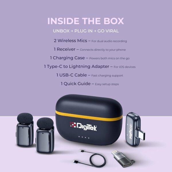 Digitek DWM 103 Mini 2-in-1 Wireless Microphone, 2.4G Wireless Mic, 40m Range, 6Hr Battery, Noise Reduction, for iOS & Android Smartphone, Ideal for Live Interviews Meetings,...