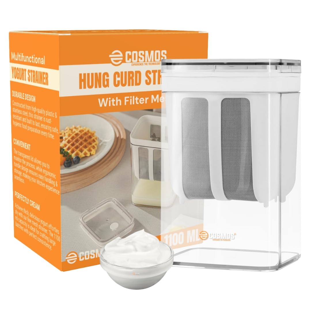 E-COSMOS Plastic Multipurpose Greek Yogurt & Curd Maker Hung Curd - 1100ml | Durable, BPA-Free | Easy Homemade Yogurt & Cheese (Yogurt Maker), 10L x 8W x 16H cm, Multi-Coloured