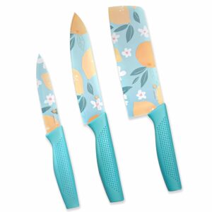 E-COSMOS Professional 3-Piece Kitchen Knife Set - High Carbon Stainless Steel Chef, Utility & Santoku Knives with Ergonomic Blue Handles (3PC) Blue