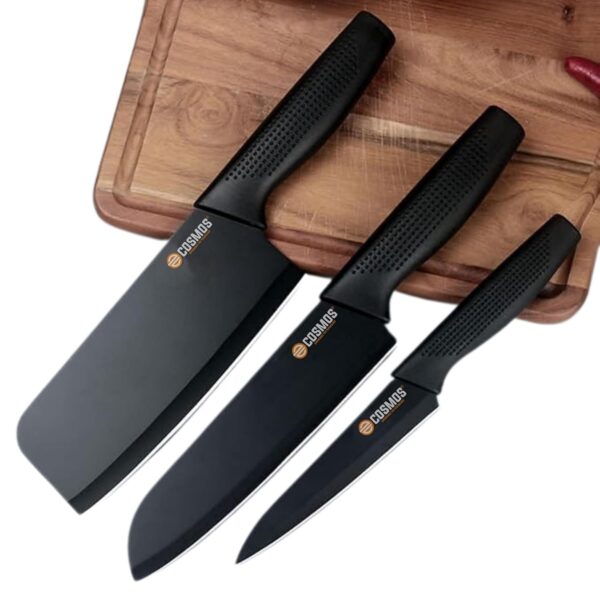 E-COSMOS Professional 3-Piece Kitchen Knife Set - High Carbon Stainless Steel Chef, Utility & Santoku Knives with Ergonomic Blue Handles (3PC) Blue