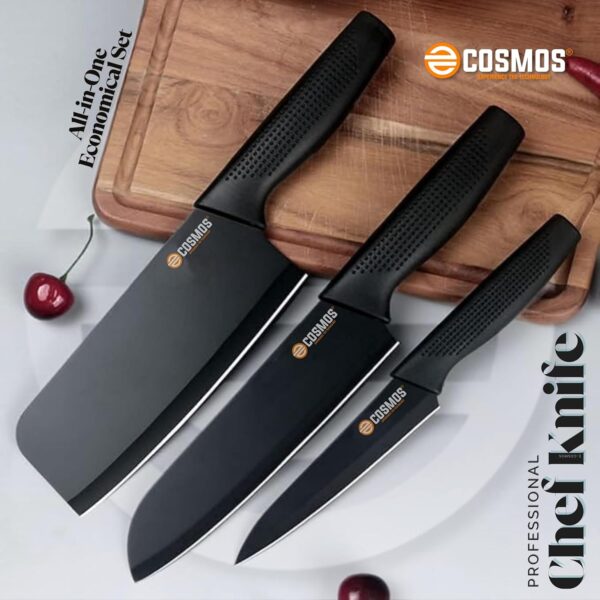 E-COSMOS Professional 3-Piece Kitchen Knife Set - High Carbon Stainless Steel Chef, Utility & Santoku Knives with Ergonomic Blue Handles (3PC) Blue