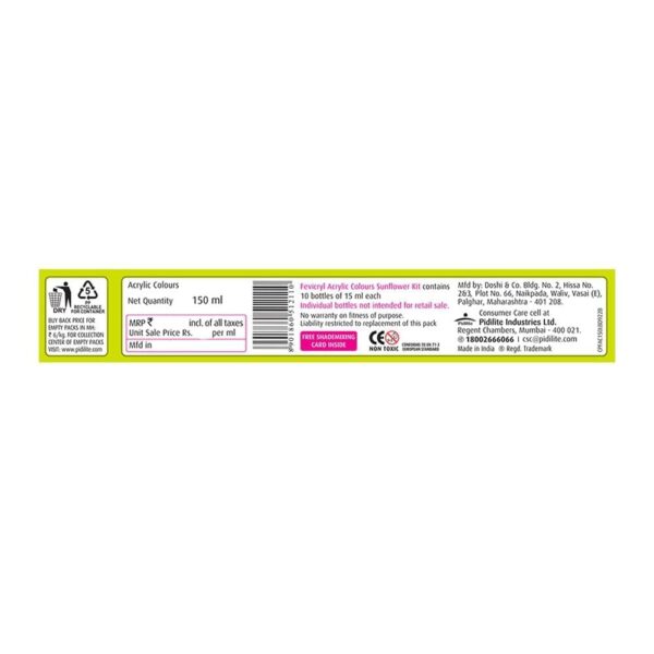 Fevicryl Acrylic Colours Sunflower Kit | 10 Colours x 15 ml | DIY Paint, Rich Pigment | Multicolour & Multi-surface | Non-Cracking Paint for Canvas, Wood, Leather, Earthenware,...