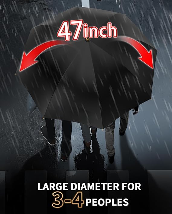 FLYNGO Umbrella for Rain Big Size, Premium Wooden Handle Golf Umbrella for Sun UV Protection and Heavy Rain, Windproof 8-Rib Fiberglass Frame, One-Click Auto Open