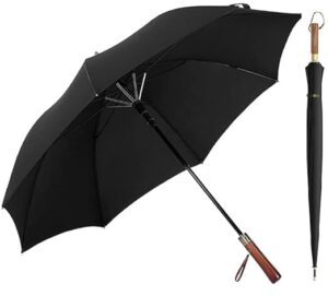 FLYNGO Umbrella for Rain Big Size, Premium Wooden Handle Golf Umbrella for Sun UV Protection and Heavy Rain, Windproof 8-Rib Fiberglass Frame, One-Click Auto Open