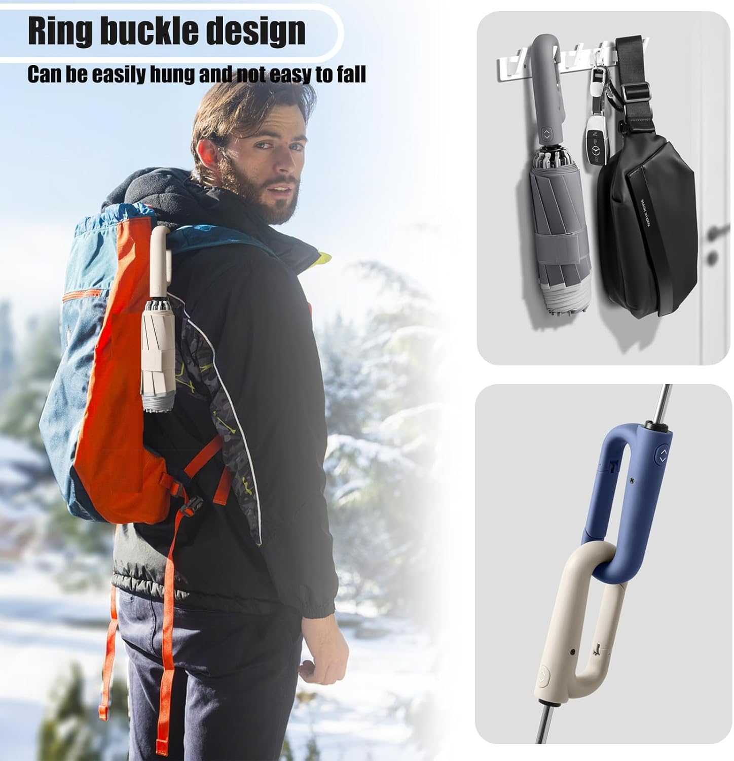 FLYNGO Umbrella for Rain Big Size with Carabiner Handle, 3-Fold Travel Umbrella for Sun Protection, Windproof Reinforced 10 Dual Ribs, Automatic Open/Close