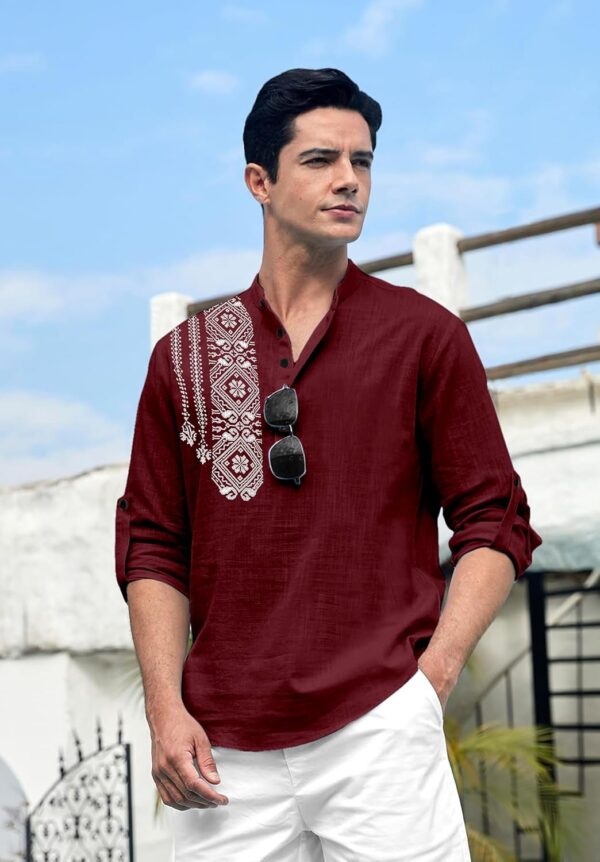 Folgen Men's Printed Cotton Blend Full Sleeve Straight Kurta Regular Fit Short Kurta Shirt for Men