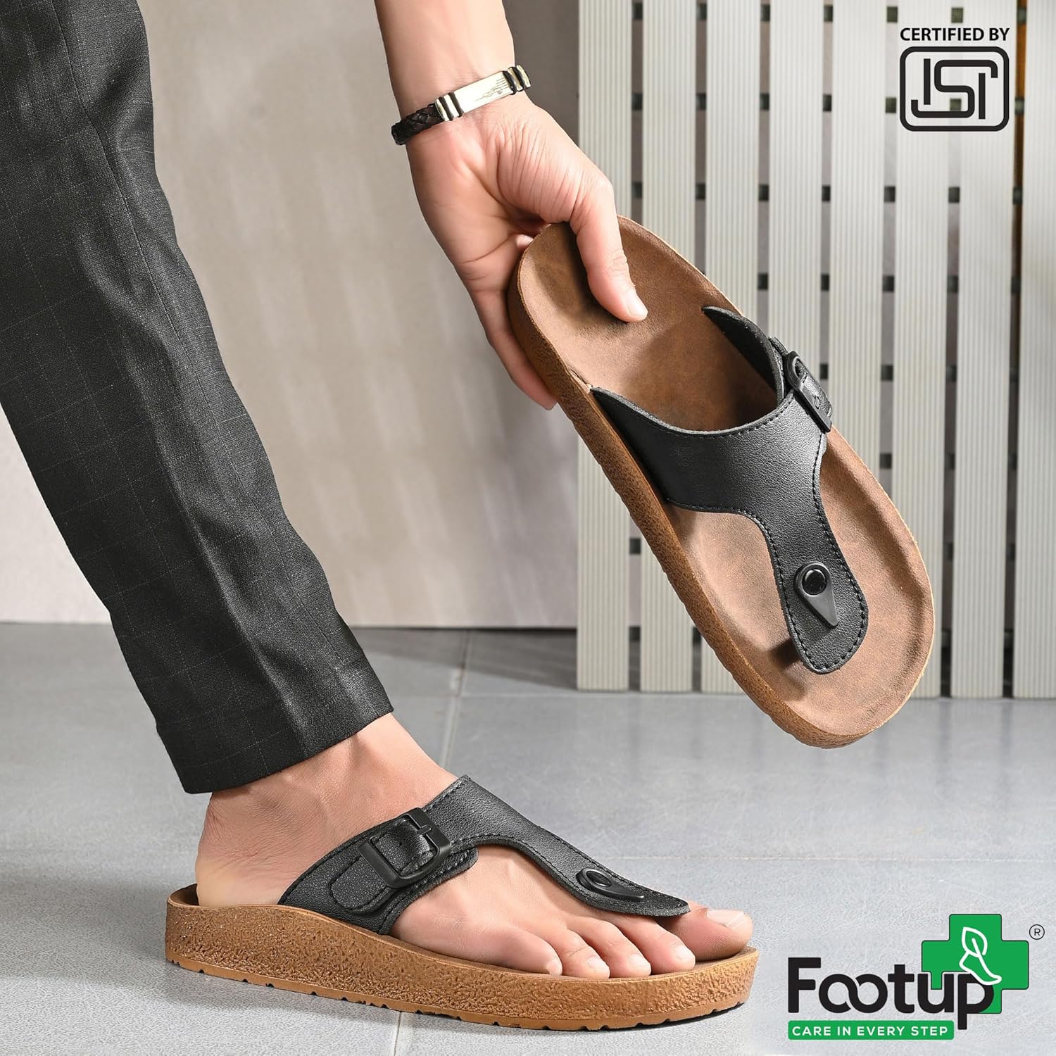 FOOT UP Men’s Orthopedic Comfort Sandals | Stylish Leather Casual Slippers with Cushioned Footbed, Arch Support & Anti-Slip Sole – Ideal for Everyday Wear, Office & Outdoor Use