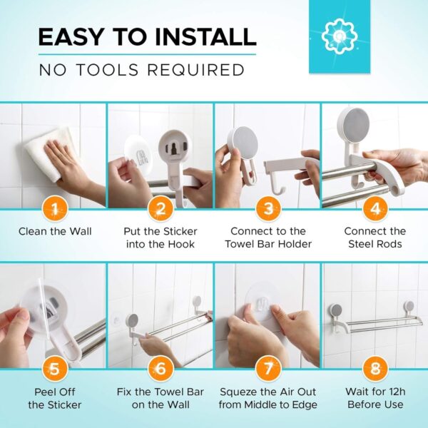 GLACIAL Wall Mounted Single Rod Towel Holder Bar – Magic Sticker Napkin Rod Hanger for Bathroom & Kitchen, No-Drill Cloth Rack for Hand Towels, Dish Towels, and Cleaning Rags...