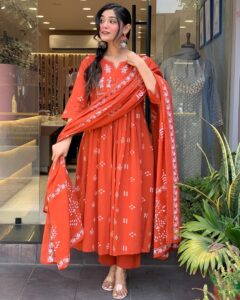GoSriKi Women's Viscose Anarkali Kurta Set with Dupatta - Embroidered Orange Ethnic