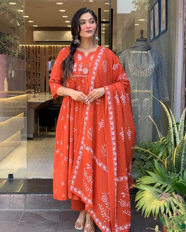 GoSriKi Women's Viscose Anarkali Kurta Set with Dupatta - Embroidered Orange Ethnic