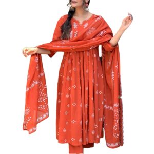 GoSriKi Women's Viscose Anarkali Kurta Set with Dupatta - Embroidered Orange Ethnic