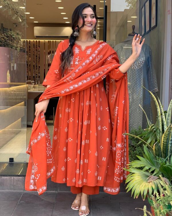 GoSriKi Women's Viscose Anarkali Kurta Set with Dupatta - Embroidered Orange Ethnic