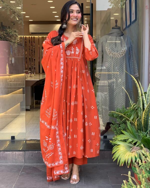 GoSriKi Women's Viscose Anarkali Kurta Set with Dupatta - Embroidered Orange Ethnic