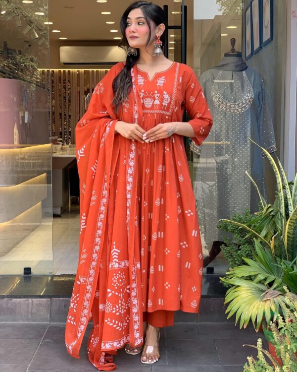 GoSriKi Women's Viscose Anarkali Kurta Set with Dupatta - Embroidered Orange Ethnic
