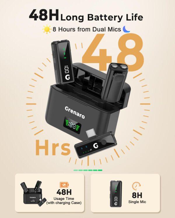 GRENARO Mic for YouTube Wireless with 48H Charging Case, 3-Level Noise Cancellation Mic Wireless for Android/iOS, Dual Lapel Microphone for Recording, Facebook, Live Stream