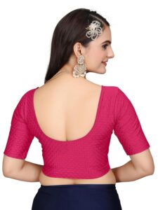 HeeFee Women's Round Neck Dobby Cotton Stretchable Half Sleeve Readymade Saree Blouse