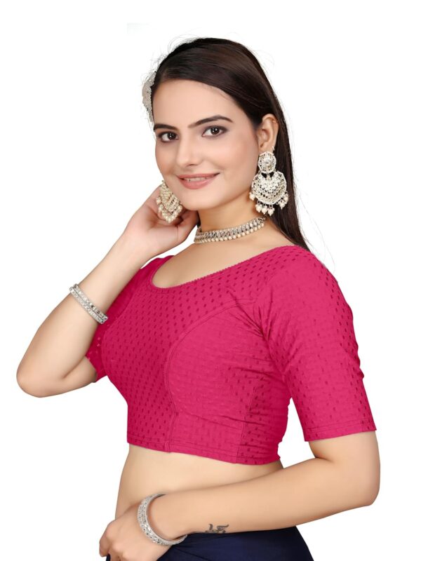 HeeFee Women's Round Neck Dobby Cotton Stretchable Half Sleeve Readymade Saree Blouse