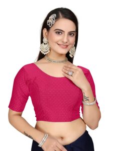 HeeFee Women's Round Neck Dobby Cotton Stretchable Half Sleeve Readymade Saree Blouse